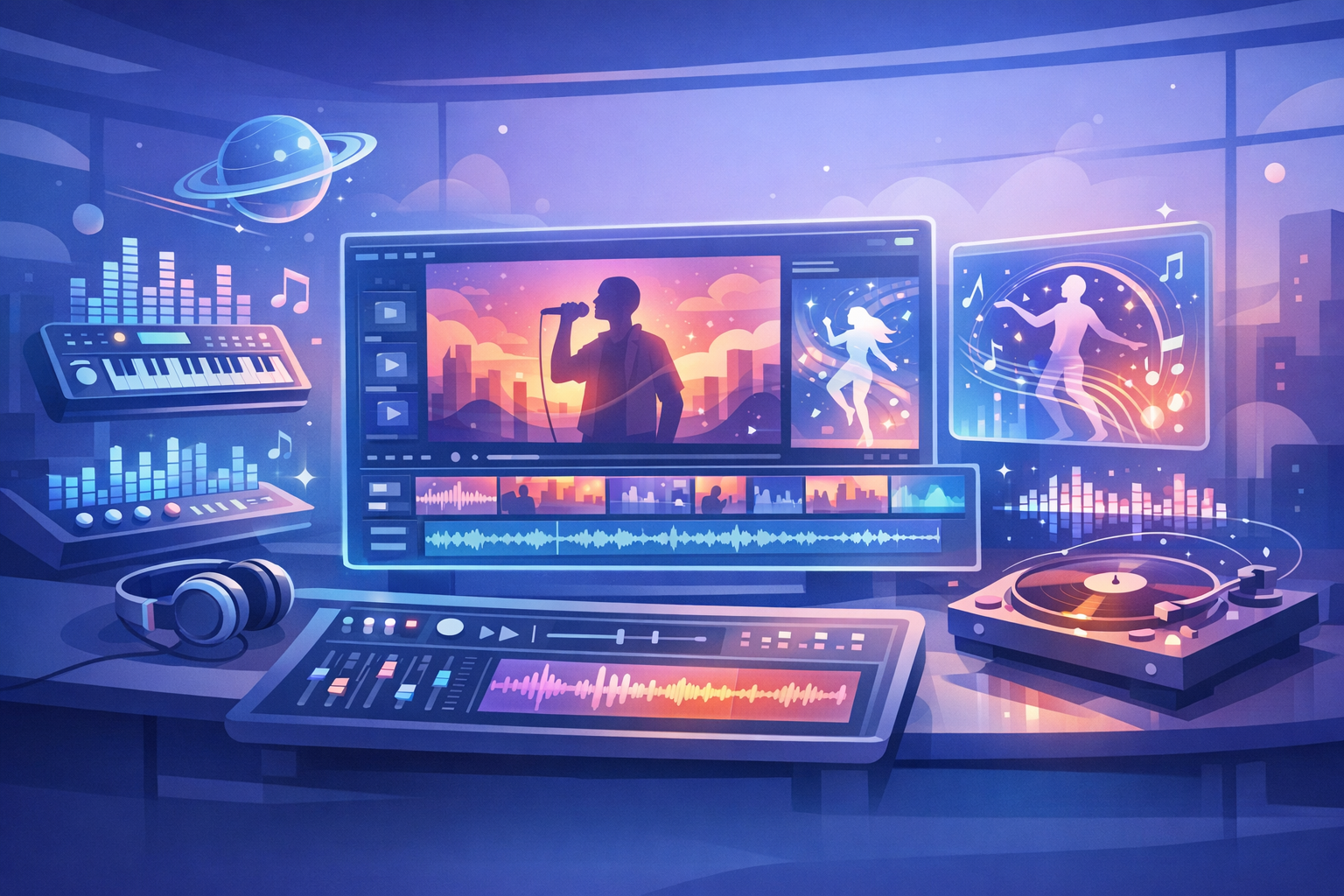 Futuristické digitální studio s holografickými editačními nástroji