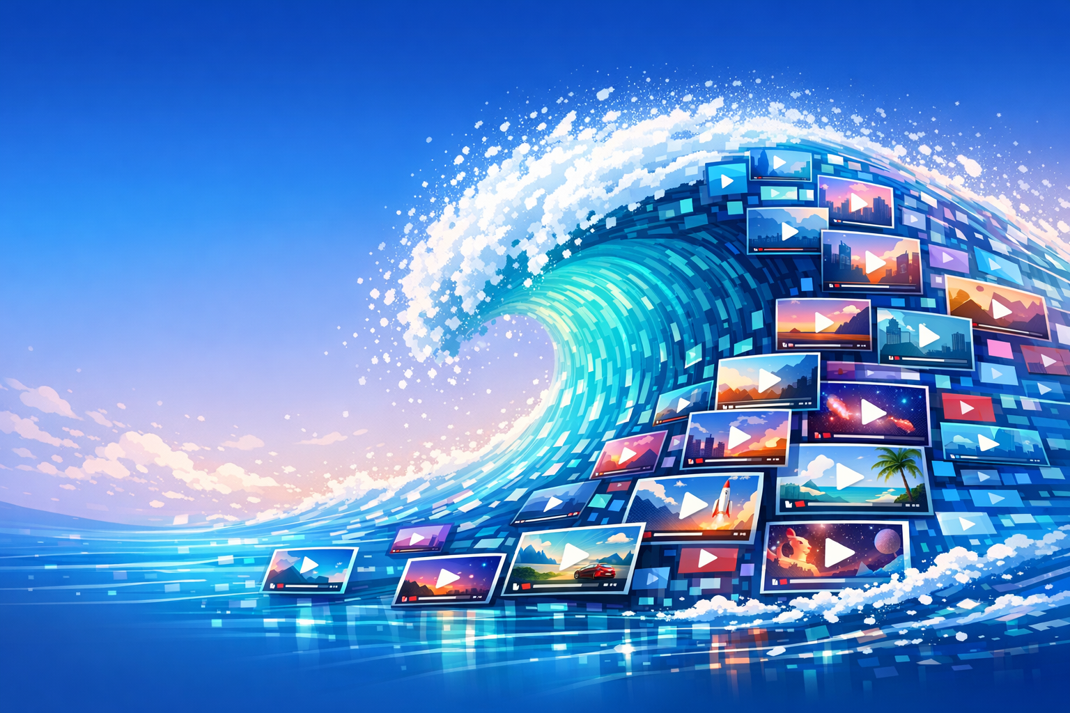 Digital ocean wave of AI-generated videos on YouTube.