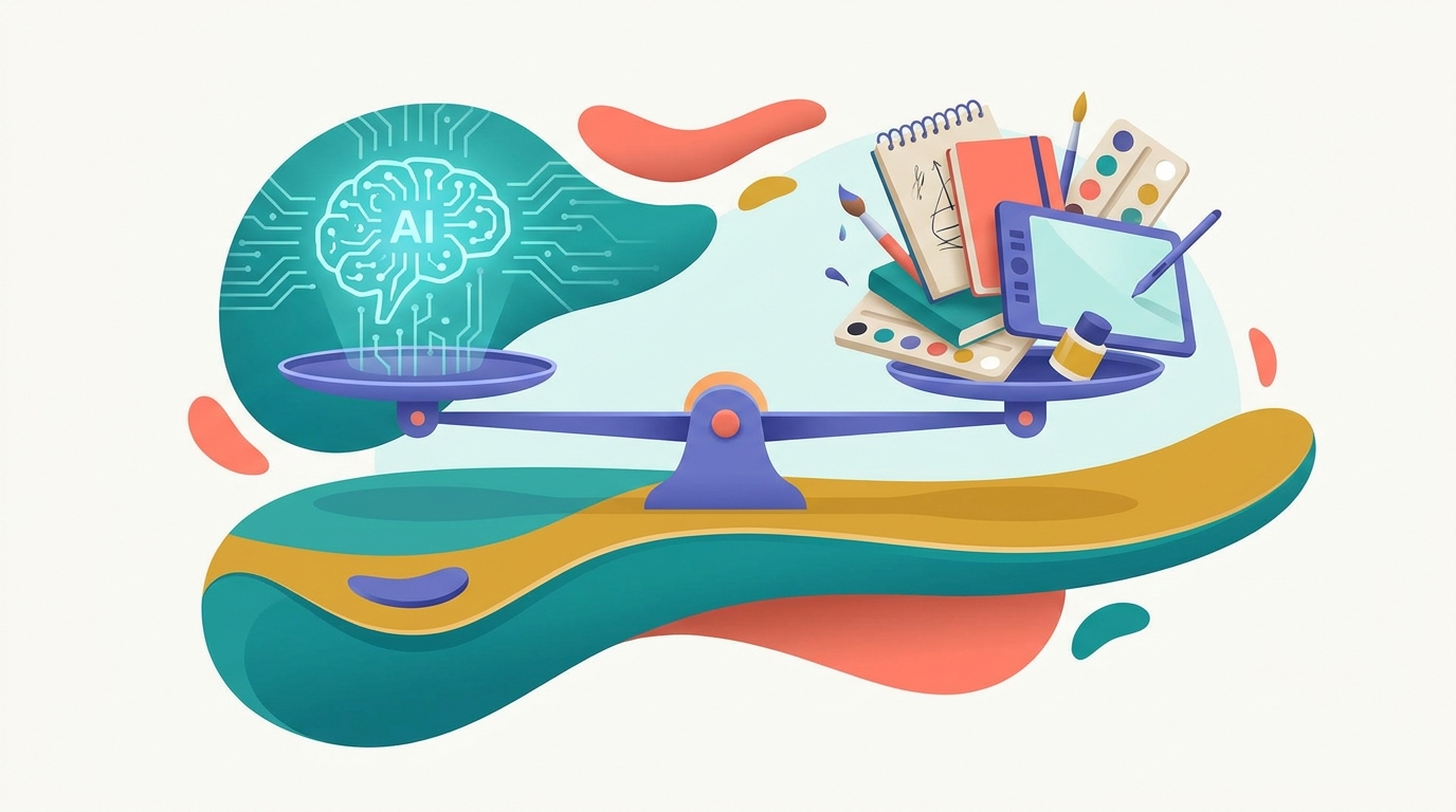 Balancing AI tools and creativity on a desk.