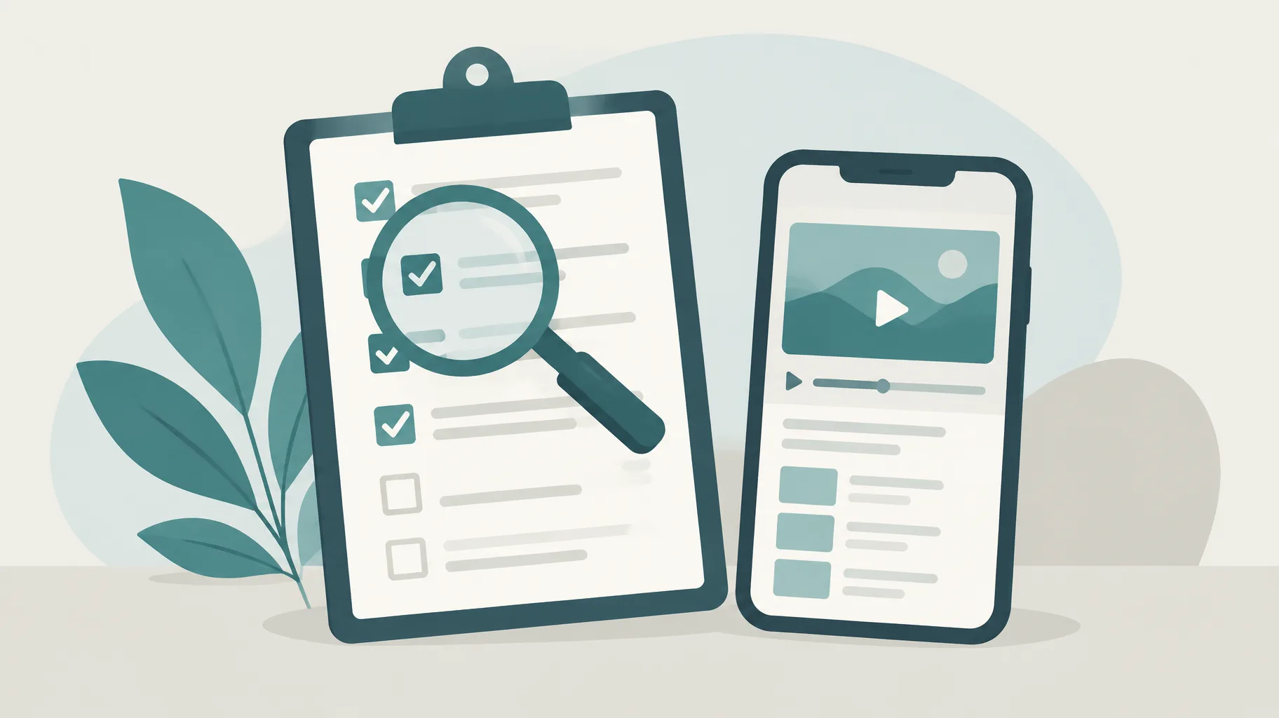 Illustration of an eligibility checklist next to a phone video player