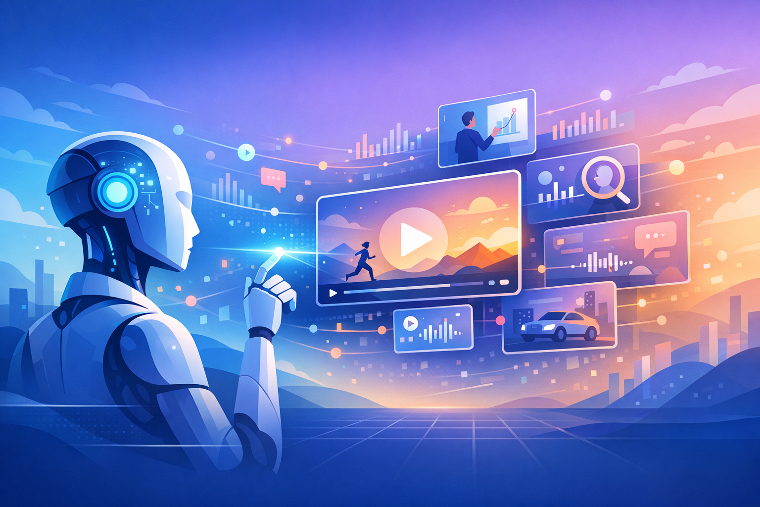 AI interpreting video content in a futuristic digital landscape.