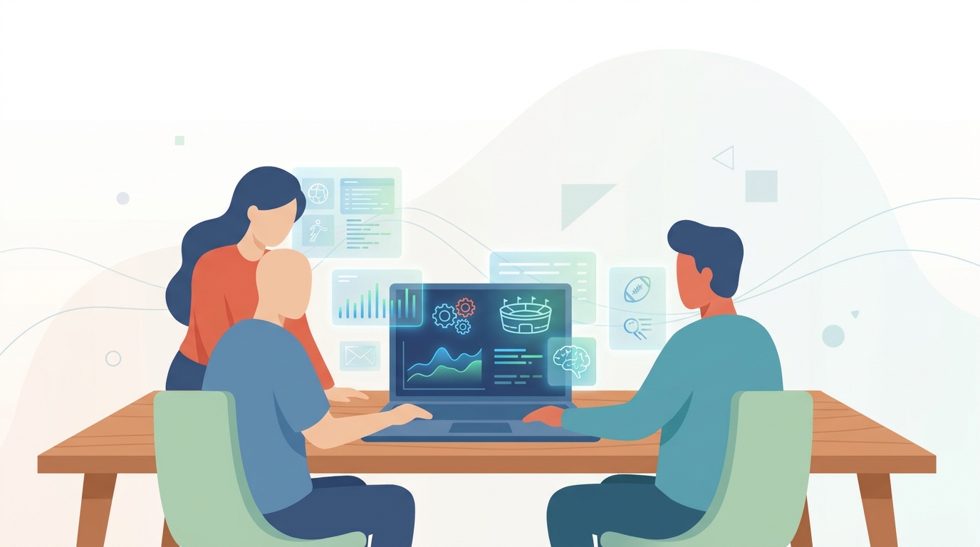 Sports marketers using AI tools on a laptop