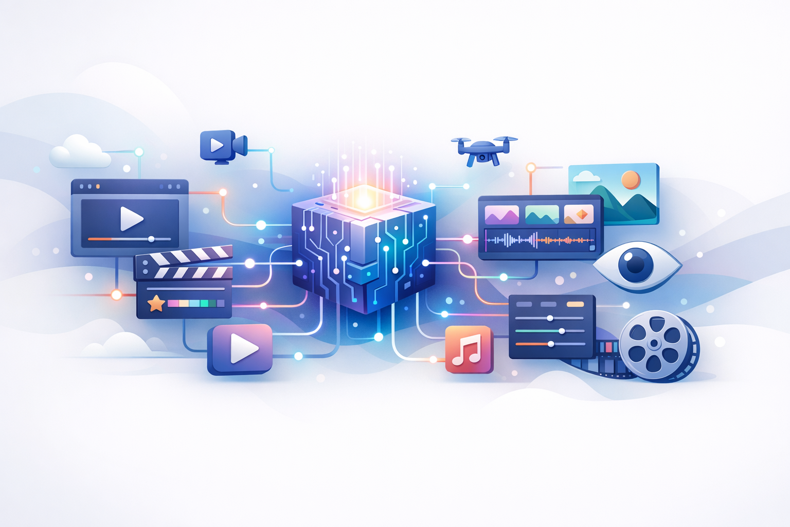 Abstrakt AI-netværk, der behandler videoelementer