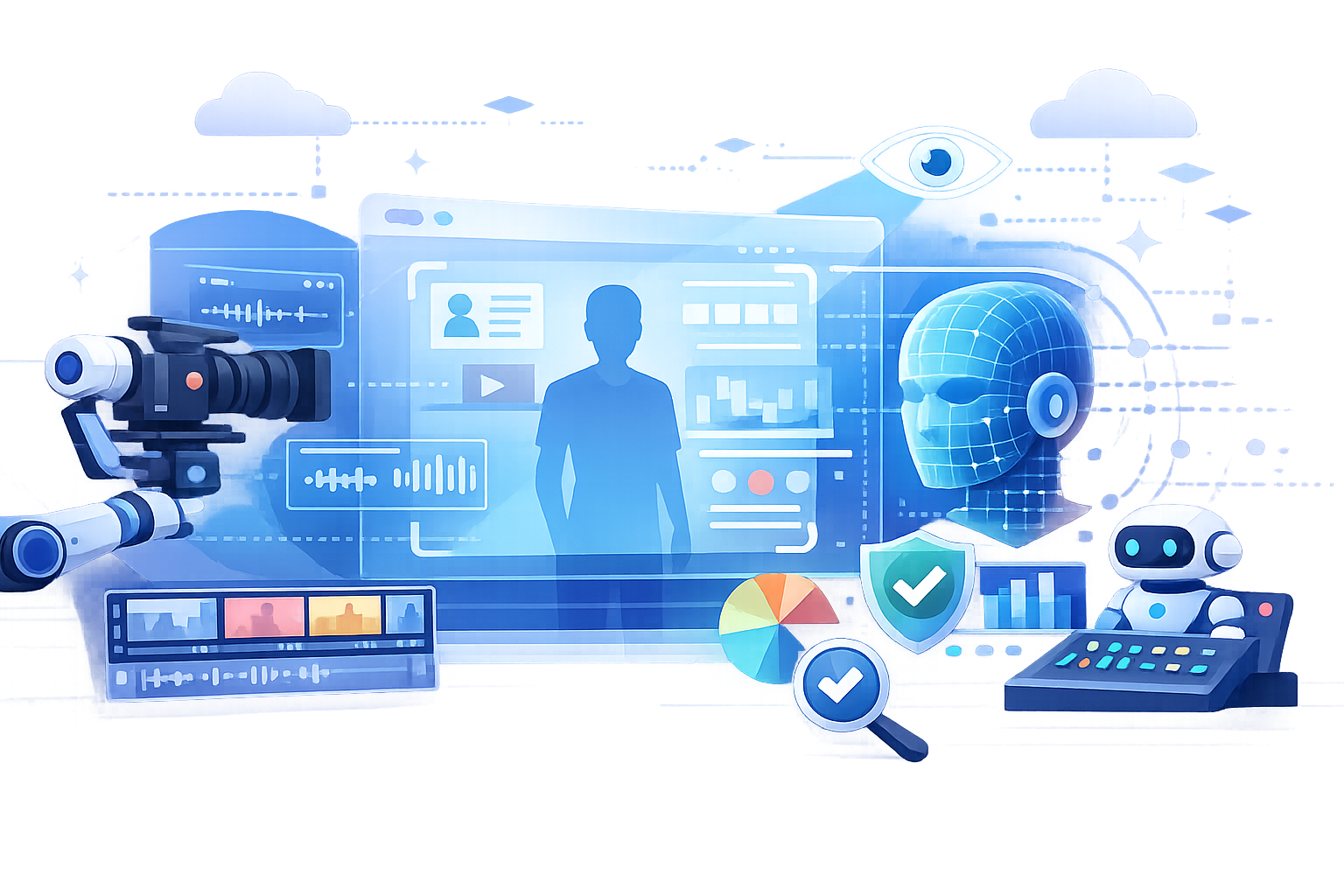 Futuristic video production with AI elements ensuring transparency.