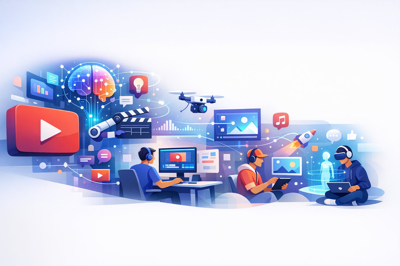 AI innovations transforming YouTube content with abstract digital elements.