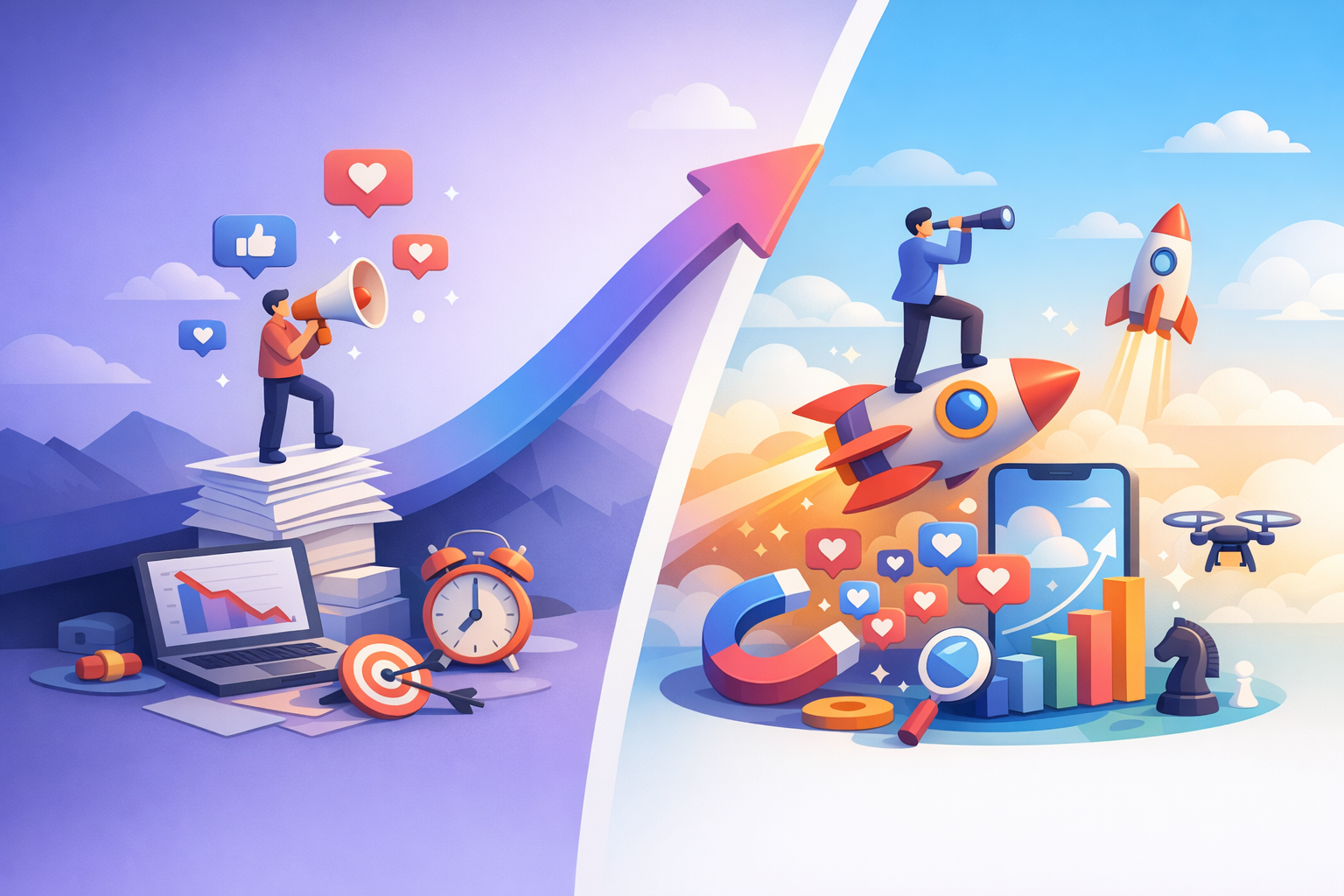 Ilustrace transformace strategie sociálních médií s AI