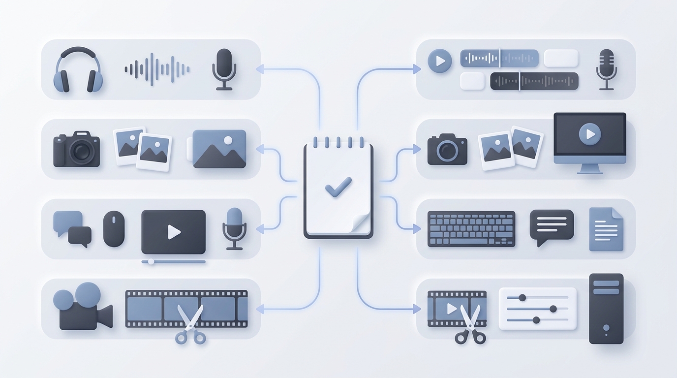 A workflow diagram showing one approved script feeding parallel narration, visual, caption, and editing tasks.