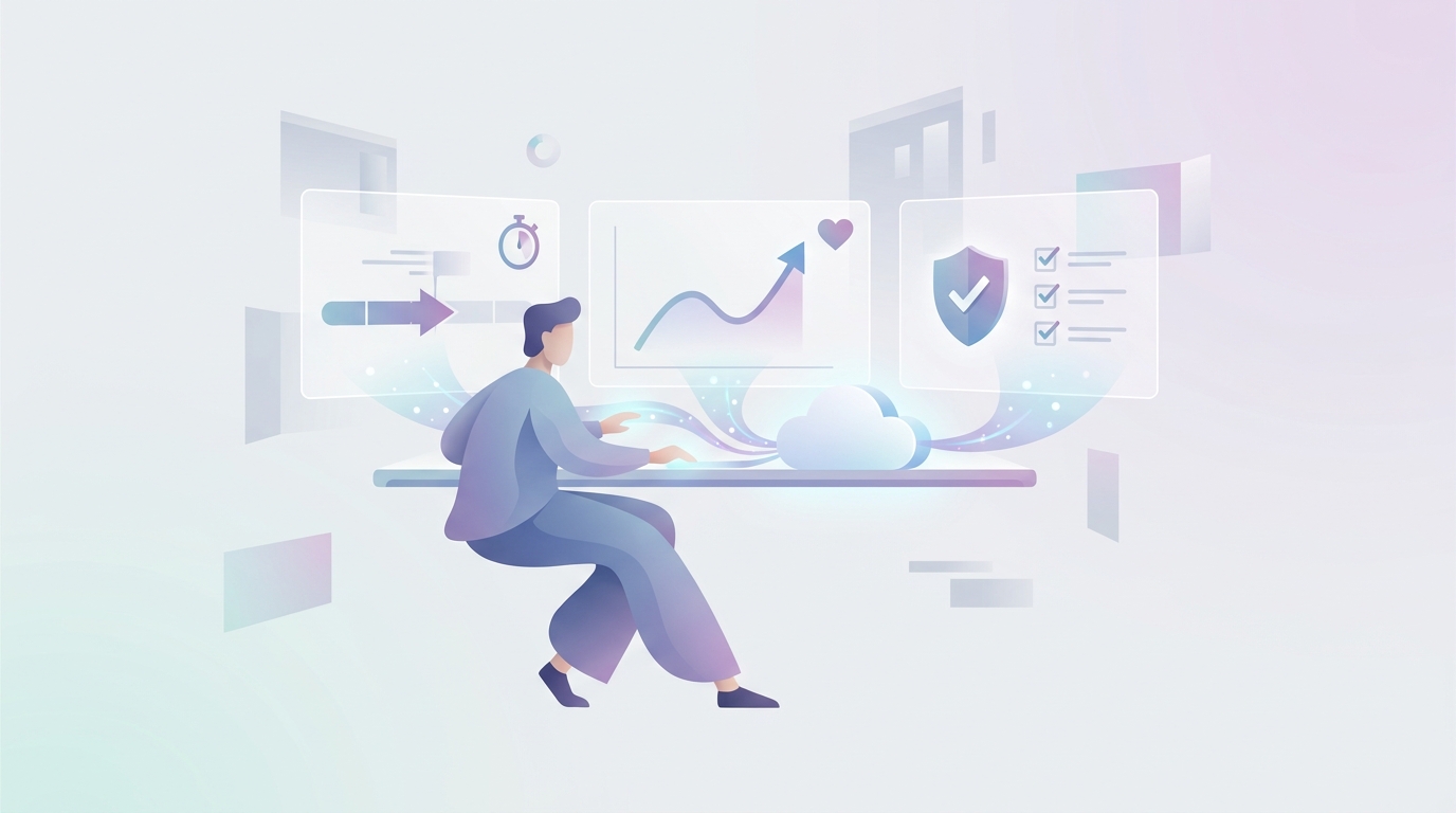 Illustration of a creator evaluating AI video tools for speed, audience engagement, and compliance.