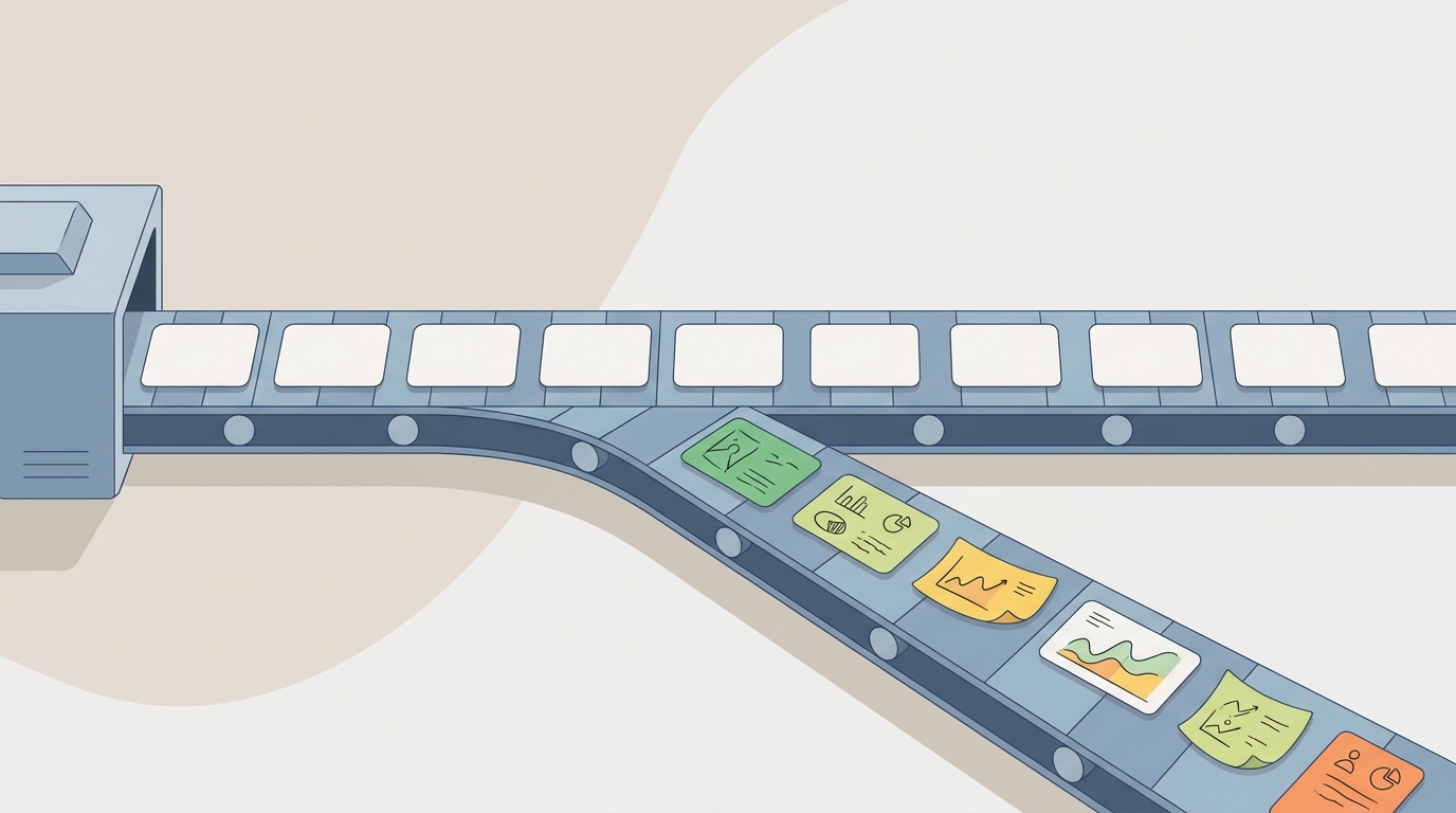Illustration contrasting repetitive automated video output with varied editorially produced videos.