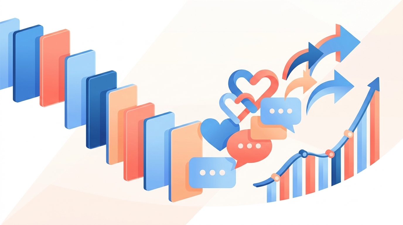 Editorial illustration showing short-form videos generating audience engagement and analytics signals.