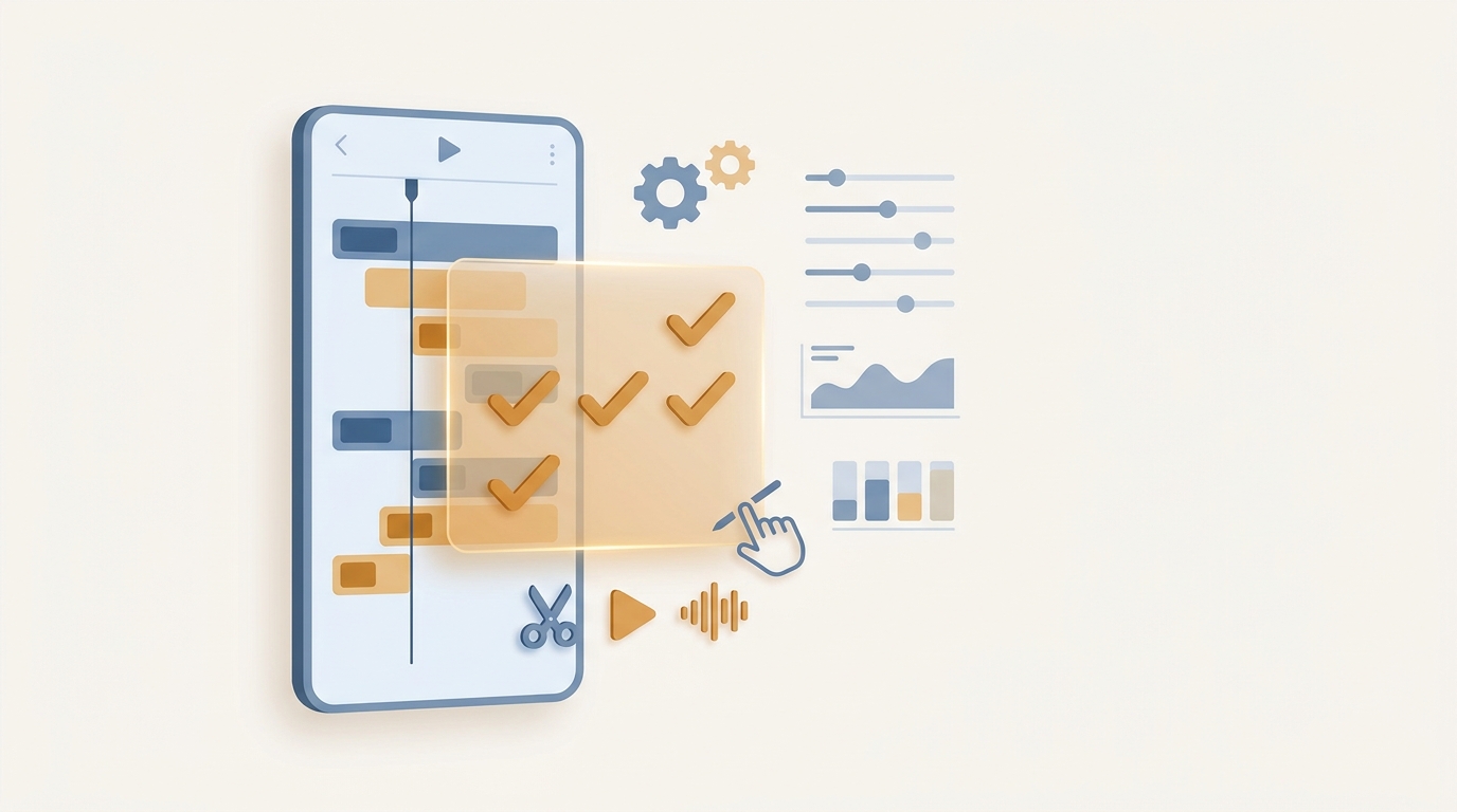 Editorial illustration of a video timeline showing a disclosure overlay and compliance checks.