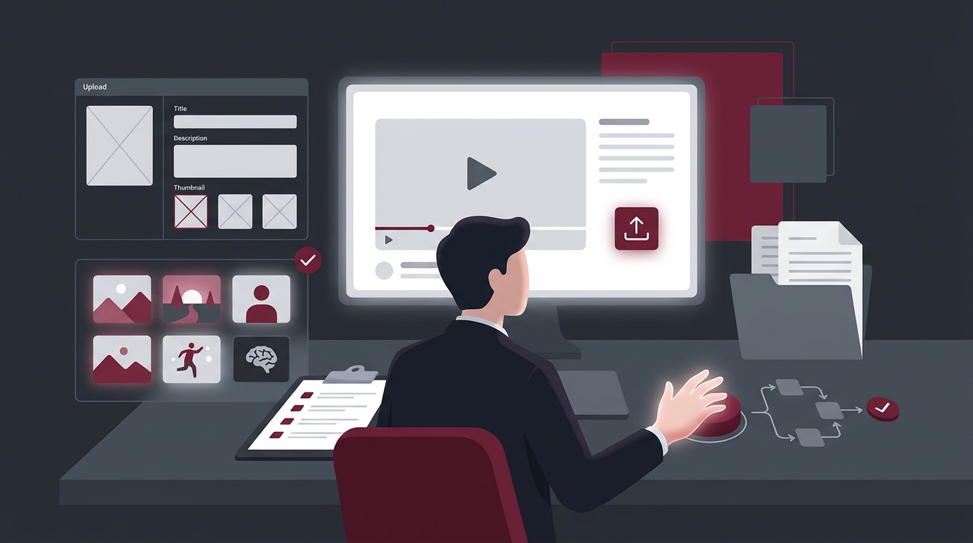 A creator reviews AI-assisted video assets and a disclosure checklist before uploading a video.