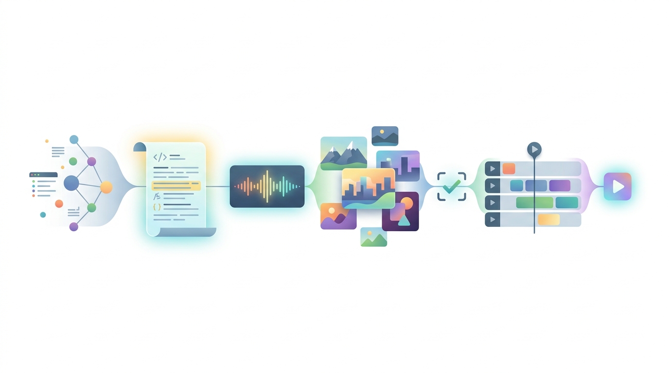 An AI-assisted video workflow with human research, editing, and final review.