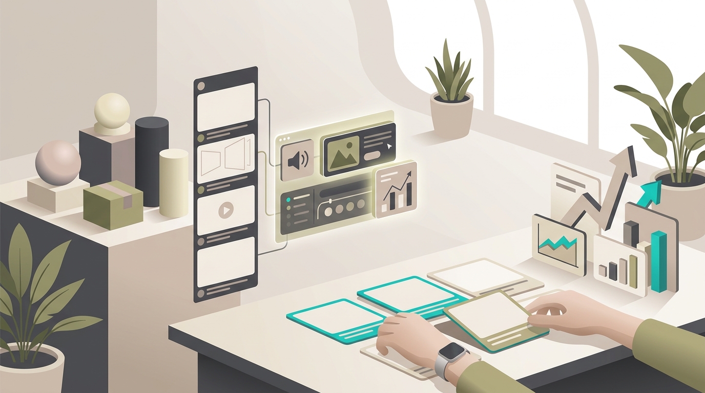 Editorial illustration of a DTC brand using an AI-assisted workflow to produce short-form video content.