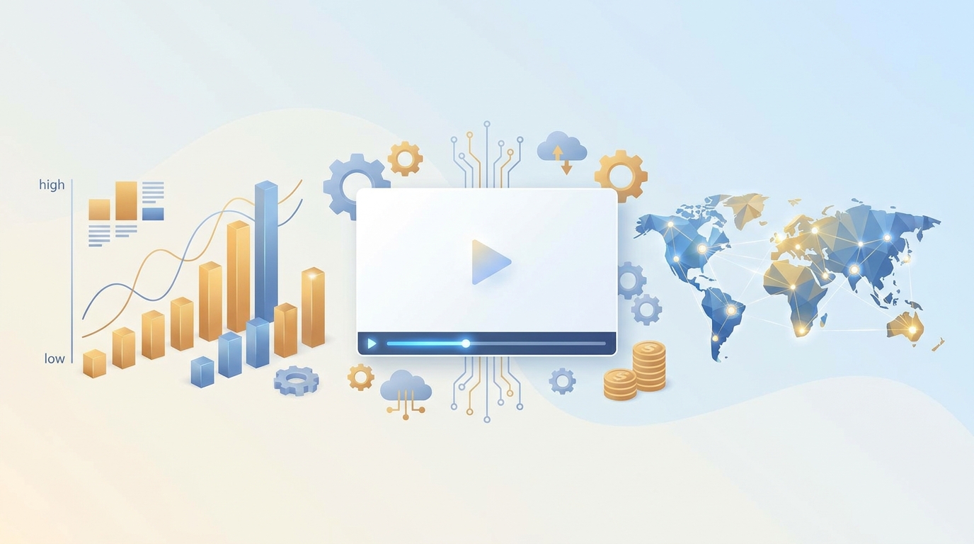 Editorial illustration of faceless long-form YouTube video RPM analysis across niches and audiences.