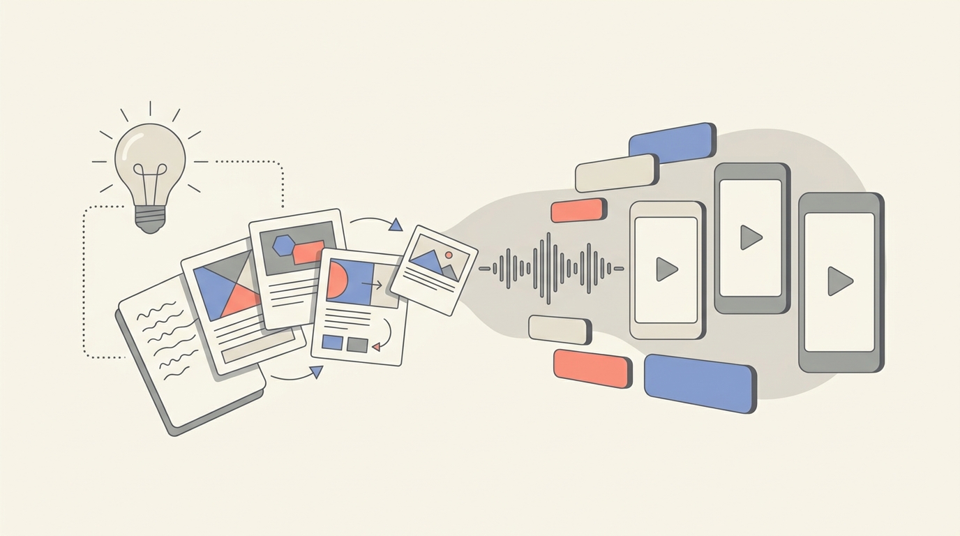 Illustration of an AI-assisted faceless video production workflow from idea to captioned video.