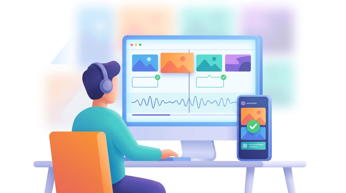A reviewer checking visuals, voiceover, captions, and mobile export quality for an AI-produced video.