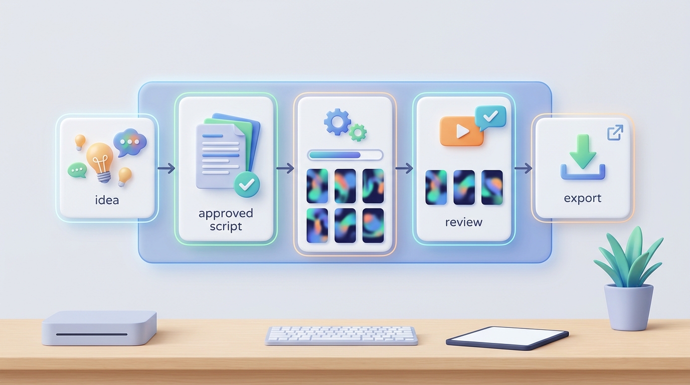 A visual production board showing AI video work moving from approved brief through rendering and review to export.