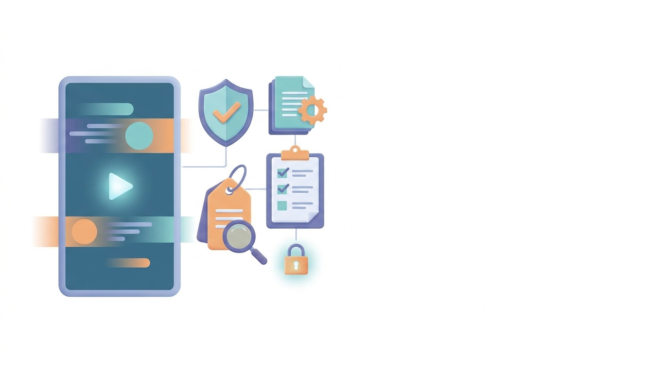 Illustration of AI video compliance checks for disclosure, metadata, and ownership rights.