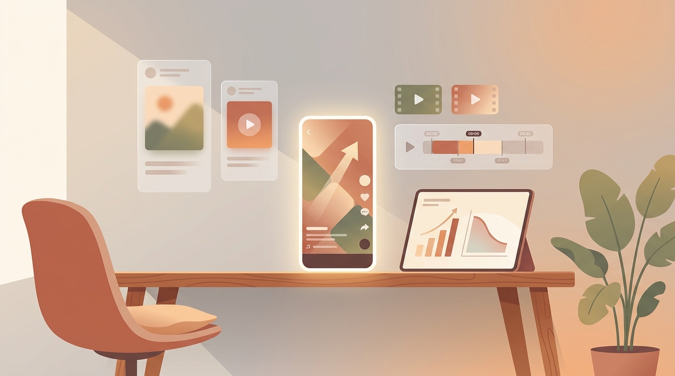 Editorial illustration of a faceless creator optimizing short-form video revenue and retention.