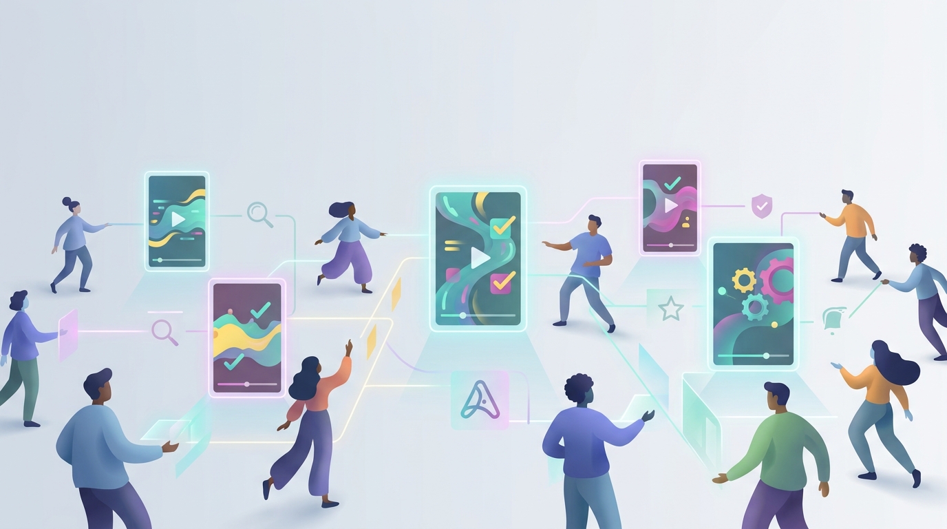 Illustration representing hundreds of creators producing distinct AI-generated short-form videos.