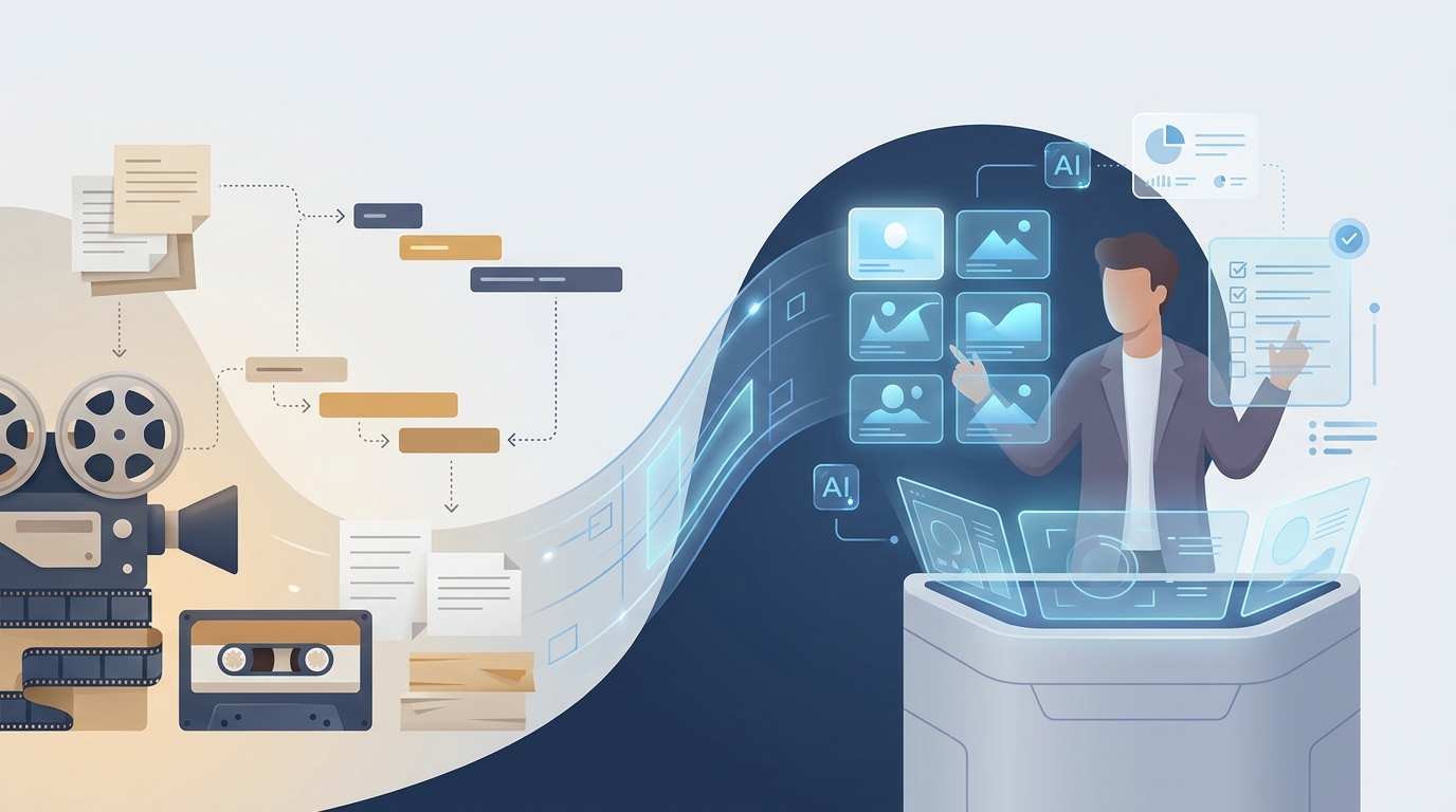 A human creative director overseeing the transition from traditional video editing to an AI-assisted production workflow.