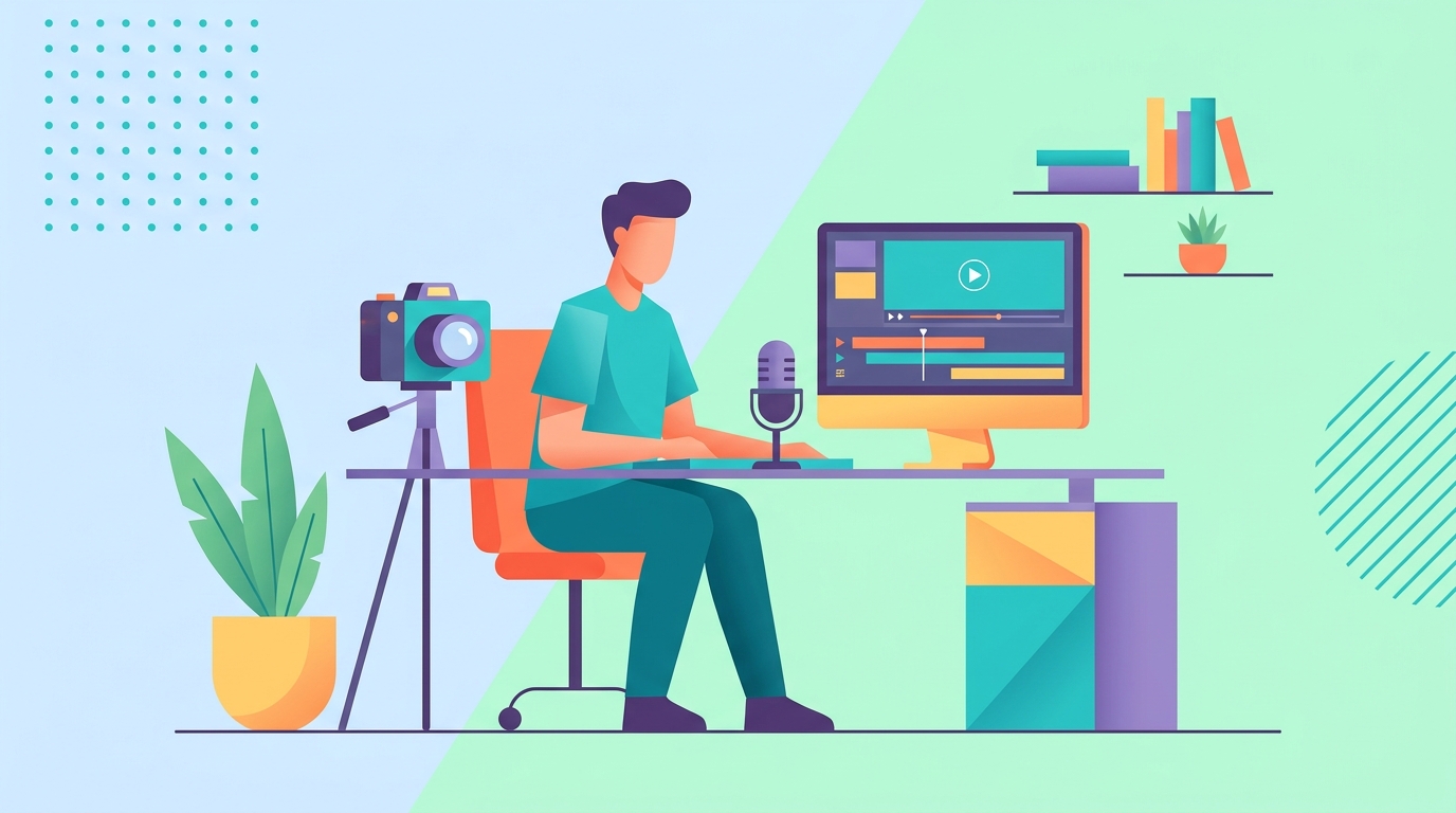 An illustration of a creator producing a faceless YouTube video at a desk with audio and video equipment.