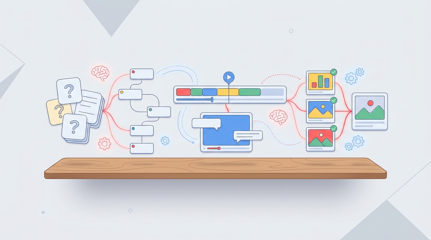 Illustration of an AI-assisted YouTube production workflow from idea to reviewed video.