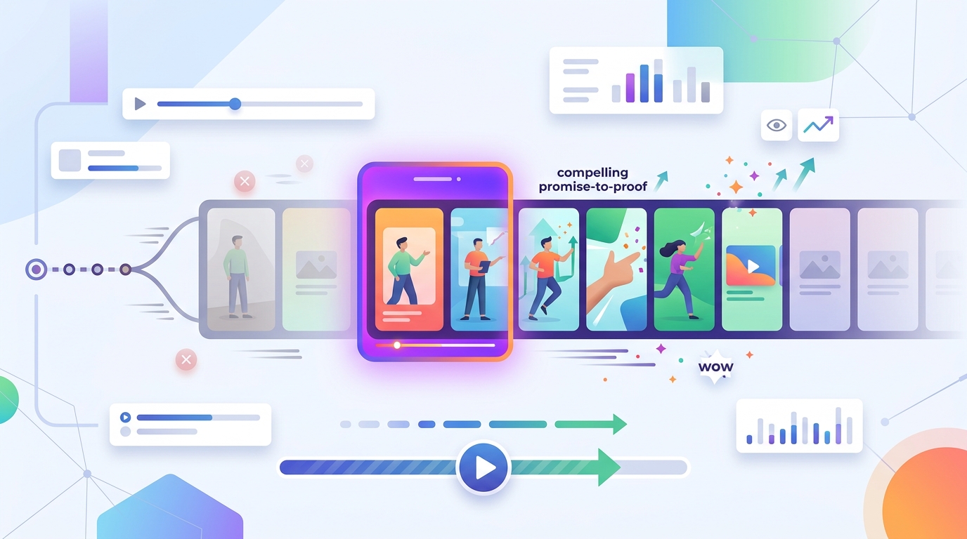 Illustration of a short-form video timeline showing a strong promise-to-proof hook in the opening seconds.