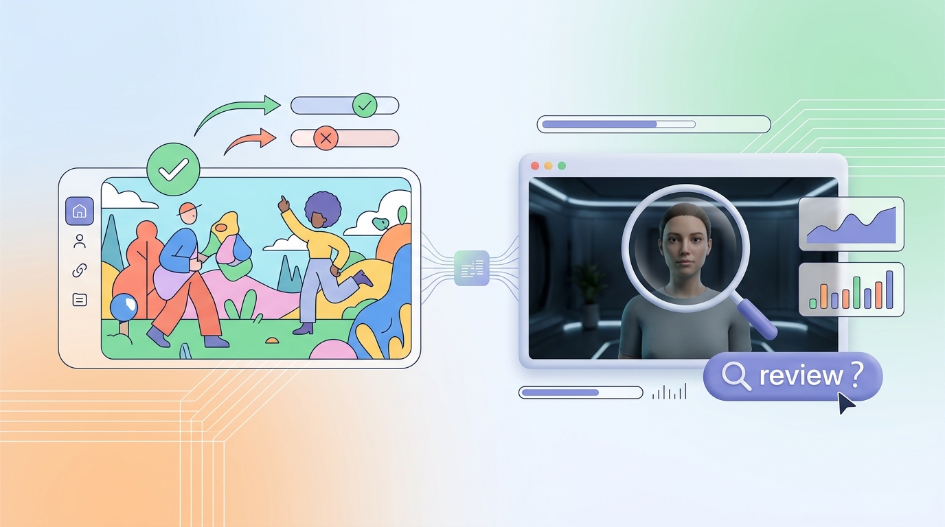 Illustration of reviewing realistic and stylized AI video scenes for appropriate disclosure.