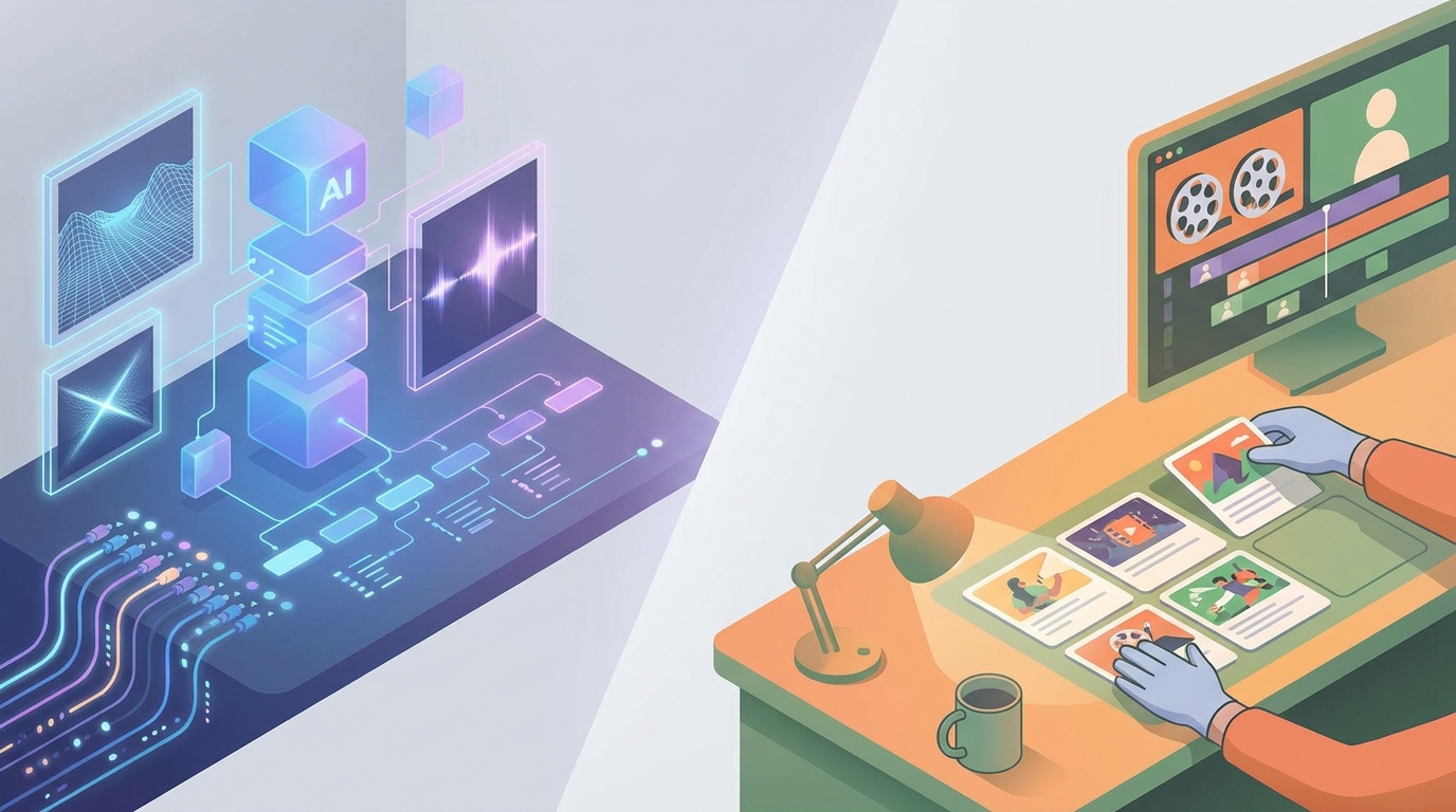 Illustration of an AI-assisted hybrid video production workflow.