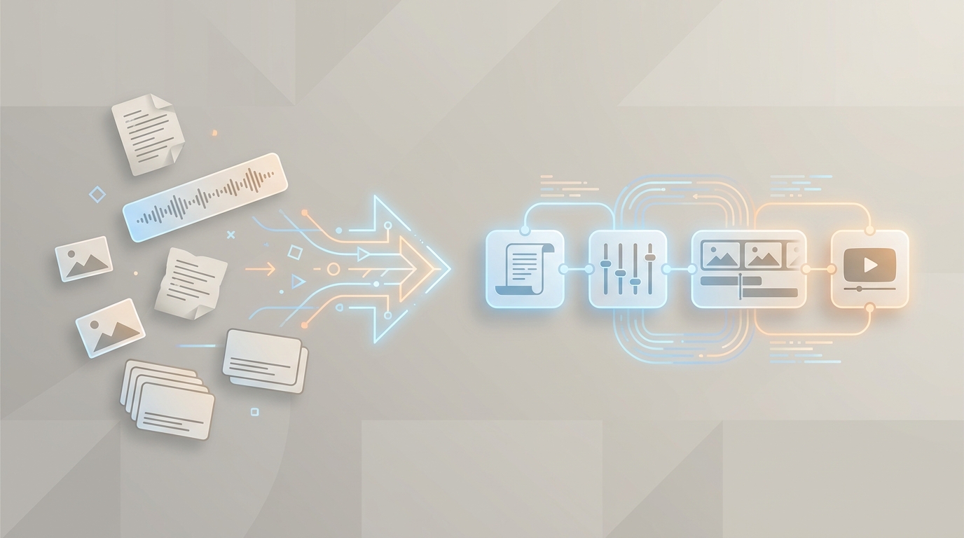 Illustration of a faceless video workflow becoming a connected automated pipeline.