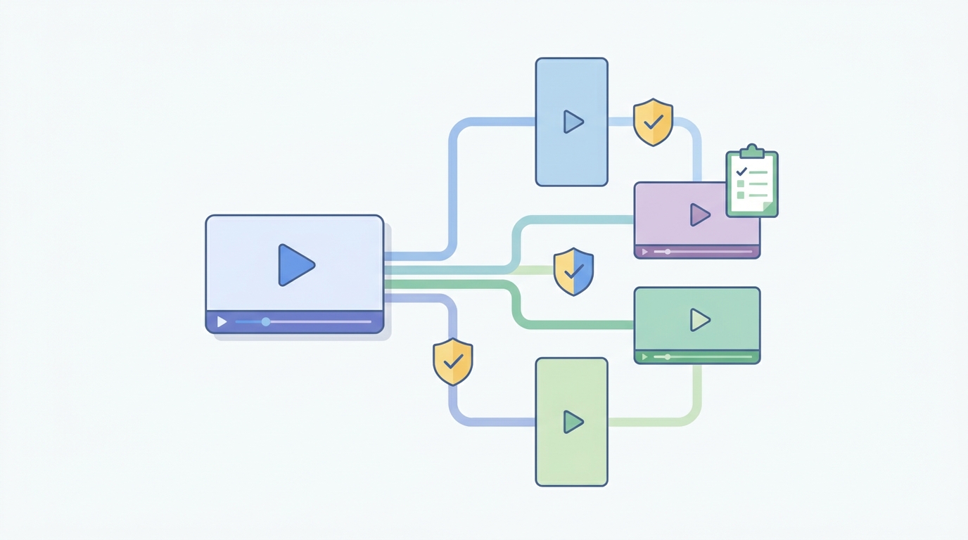 Editorial illustration of a master video being prepared for compliant publishing across platforms.