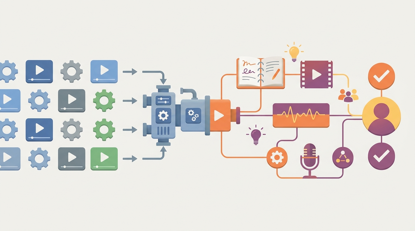 Illustration contrasting repetitive automated videos with an original creator-led AI workflow.