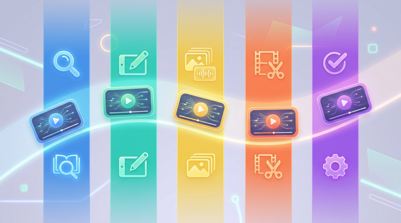 A visual production board showing five related videos progressing through a batched workflow.