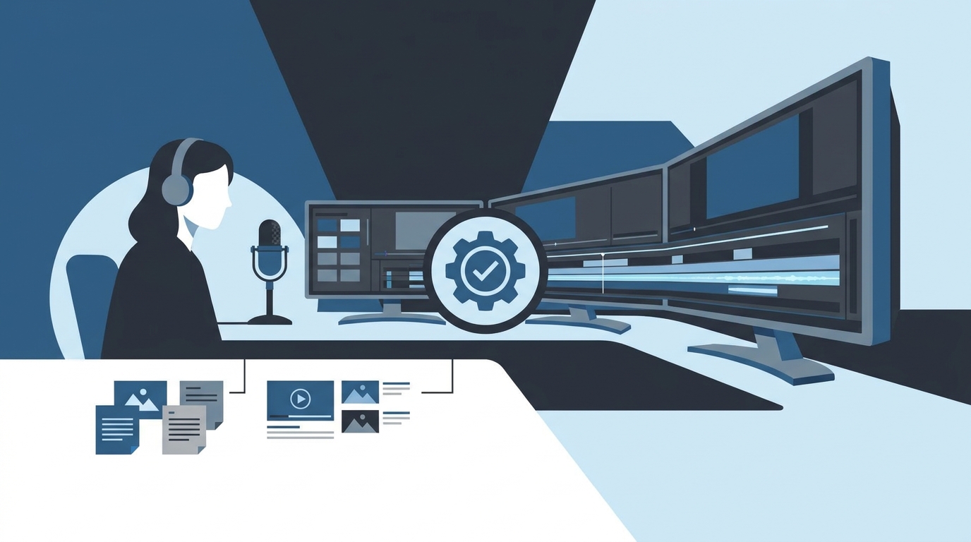 A video production workflow showing AI-assisted assets being reviewed before upload.