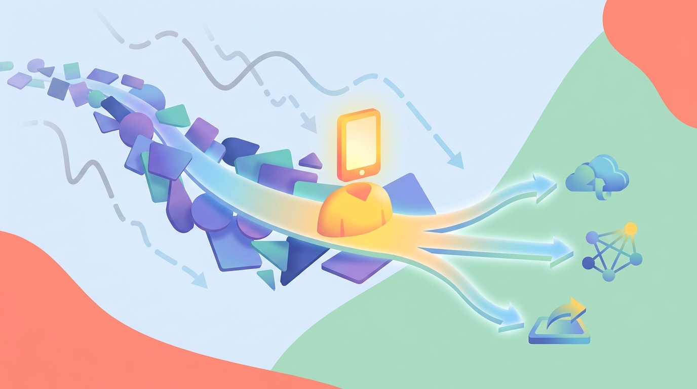 A faceless short-form video navigating a crowded social media feed and branching to multiple platforms.