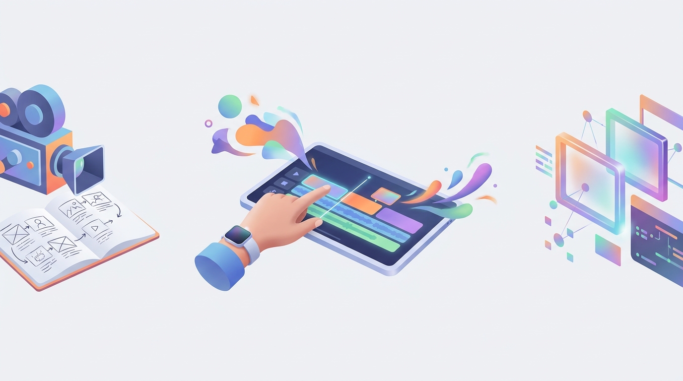 Editorial illustration comparing traditional, AI, and hybrid video production workflows.