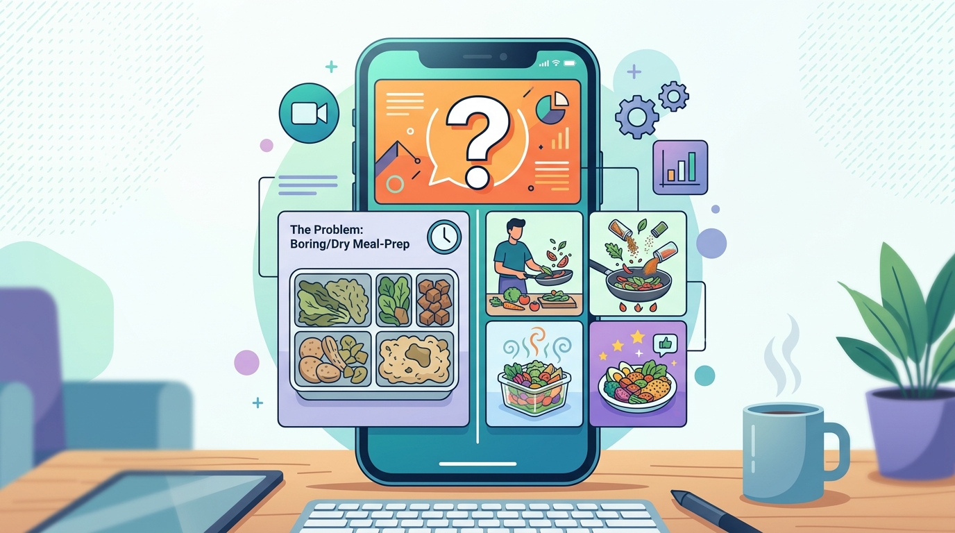 Illustration showing a question-style short-video hook progressing from a visible problem to an immediate solution.