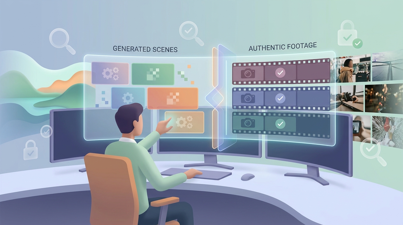 Creator reviewing a video timeline to distinguish realistic synthetic scenes from authentic footage.