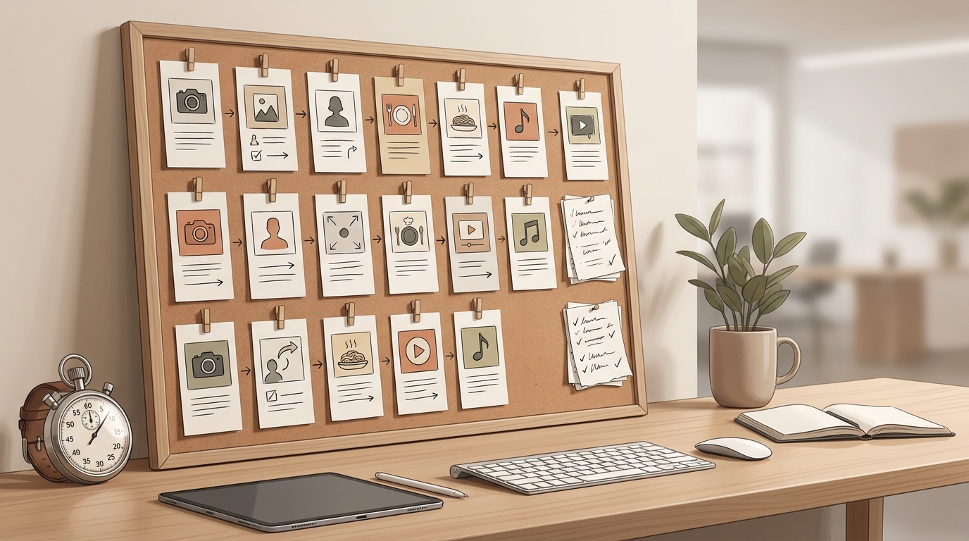 Illustration of a creator testing several AI-generated Short concepts in a structured workflow.