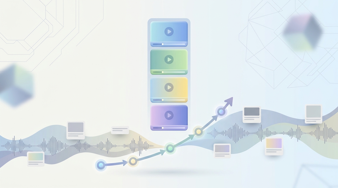 An abstract short-form video timeline illustrating retention through clear progression and visual changes.