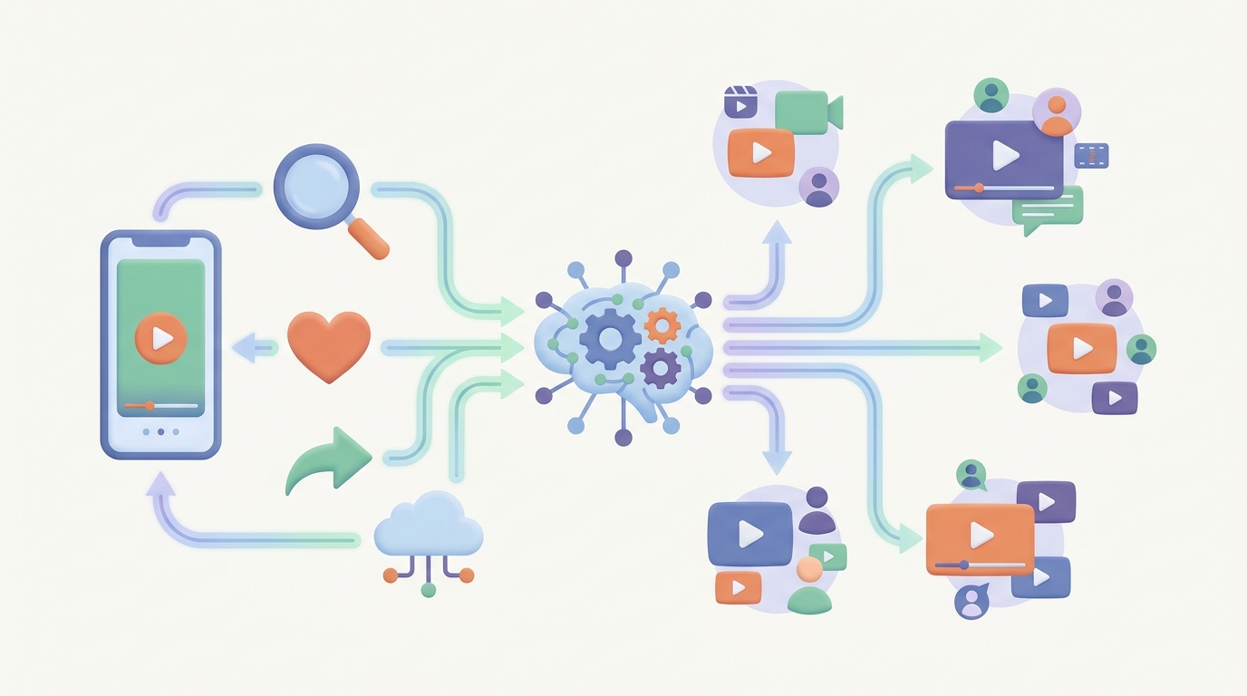 Illustration of YouTube Shorts algorithm with icons and data flow.