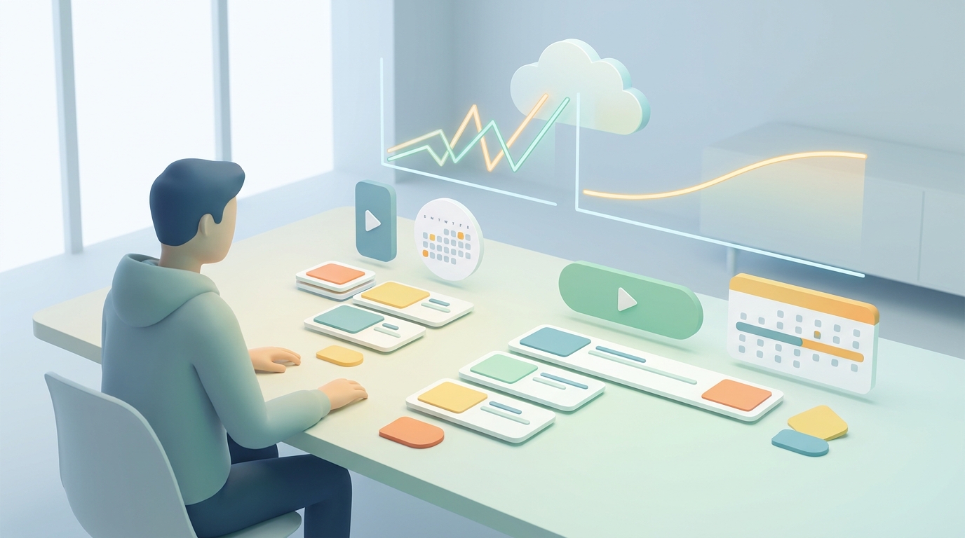 A creator planning video topics and analytics for a YouTube eligibility sprint.