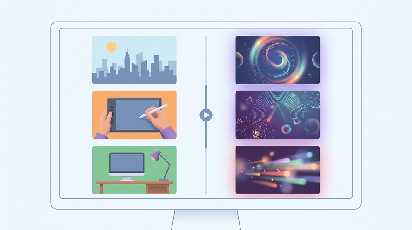 Editorial illustration comparing real stock footage and abstract AI-generated visuals in a faceless video edit.