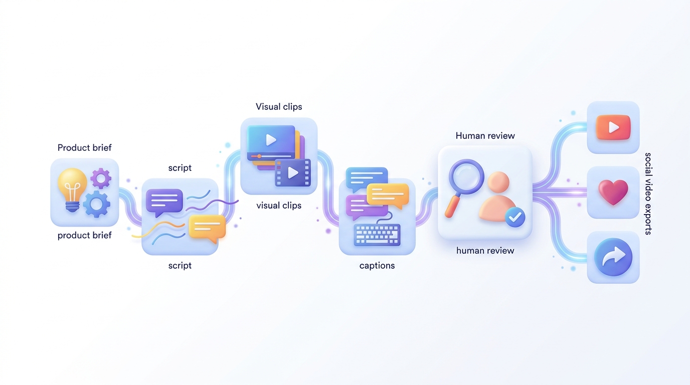 Illustration of an AI-assisted workflow for producing and reviewing short-form brand videos.