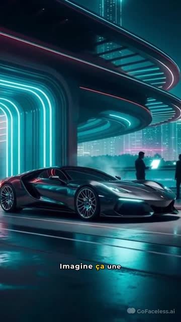 Faceless video example: vidéo d'une voiture sportive arrivant devant un centre de contrôle technique futuriste