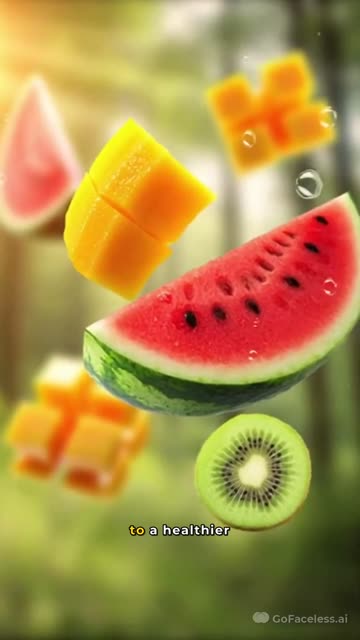 Faceless video example: Create a 20-second vertical 9:16 faceless product ad video of a portable rechargeable blender. Start with close-up shots of colorful fruits (watermelon, mango, kiwi) being dropped into the blender in slow motion. Show cinematic hand-only shots placing the lid and pressing the power button. Show satisfying blending action with smooth spinning and juice transforming instantly. Add clean transitions, aesthetic kitchen background, soft lighting, premium product shots, close-up of the juice pouring i