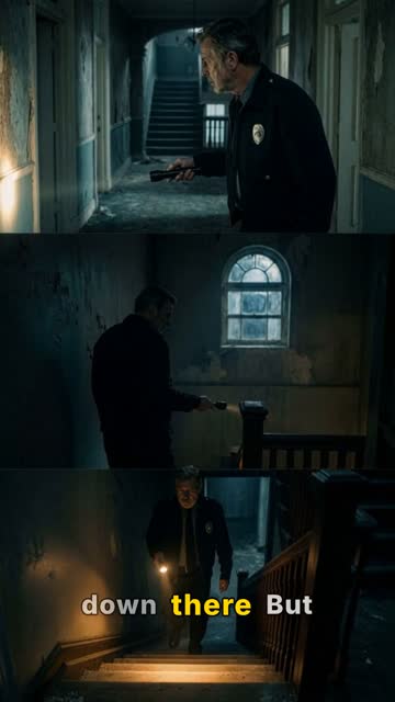 Faceless video example: Make a 60s cinematic suspense story about a night guard who hears a piano playing in an abandoned hotel. Keep it eerie but not graphic. Use dark realistic visuals, slow camera movement, and end on an unresolved final image.