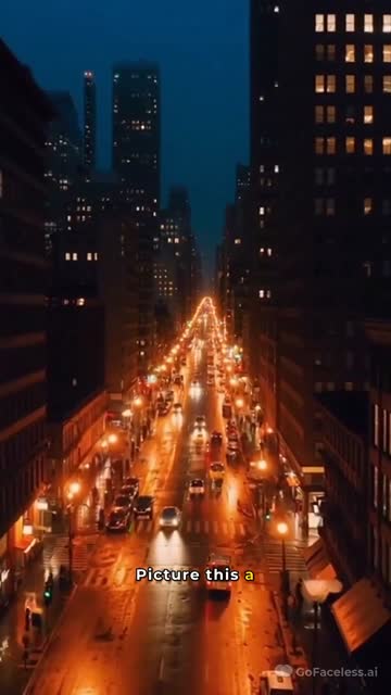 Faceless video example: A smooth, romantic urban love story set in a modern city at dusk and night. Cinematic lighting, warm tones, realistic style.